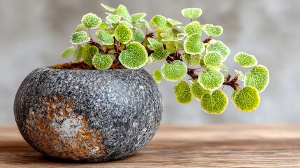 Delicate Plant in Stone Pot: A captivating close-up presents a verdant plant flourishing in a rustic stone pot, set against a backdrop of muted tones and a wooden surface.