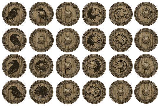 Different designs of shields featuring animal symbols arranged in a grid pattern suitable for design or gaming purposes