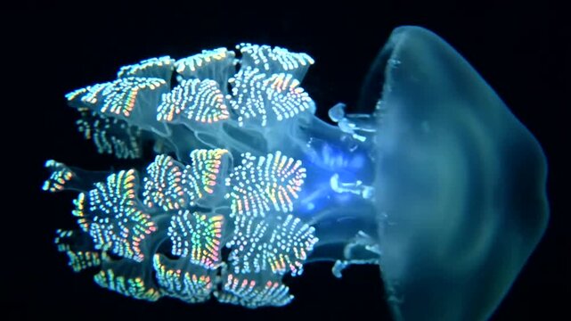 A close-up shot of a jellyfish with a unique and intricate pattern on its bell, swimming in the dark ocean.