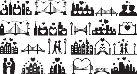 Obraz premium Black silhouettes of city skylines bridges and couples with hearts romantic urban icons