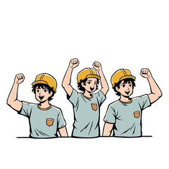 Three Construction Workers Celebrating Success with Fist Pumps - Team Victory
