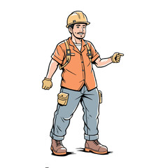 Friendly Male Construction Worker Pointing Direction in Orange Uniform