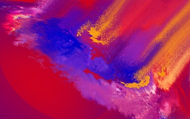 Dynamic abstract painting with explosive purple and orange brushstrokes