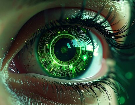 Close-up of a human eye replaced with a glowing cybernetic design
