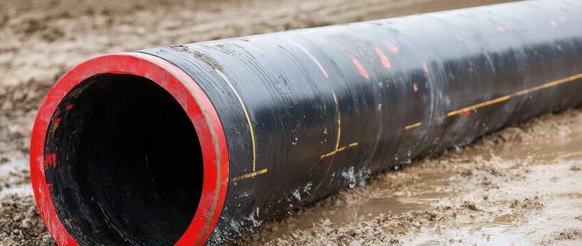 Large Black Industrial Pipe Section in Muddy Construction Site
