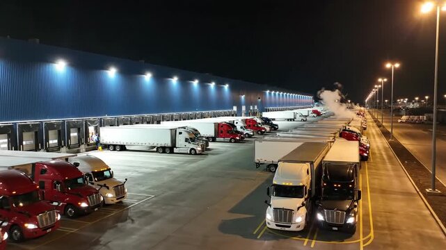 Commercial trucks lined up at distribution center loading docks at night
