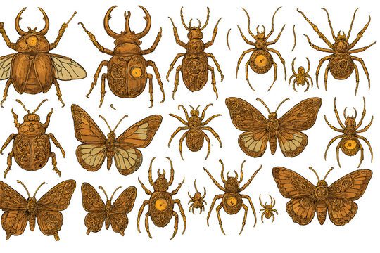 Insects and arthropods drawn in a detailed style showcasing various species and their unique features on a plain background