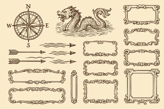 Art design with compass, dragon, arrows, and decorative frames for creative projects and illustrations