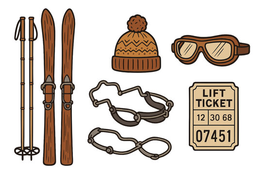 Ski equipment and accessories arranged on a white background with selected items for snow sports in winter season