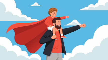 A father and son dressed as superheroes, symbolizing protection and the bond between them, against a backdrop of clouds and sky