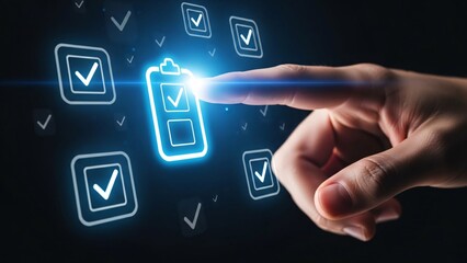 Close-up of a person's hand selecting a digital checklist icon on a futuristic touchscreen interface with multiple checkmarks and digital elements for task management or technology concept