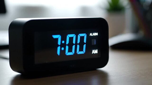 Digital alarm clock showing 700 AM on bedside table with blue LED display and soft morning light, modern minimalist design, wooden bedside scene with shallow depth of field and blurred background