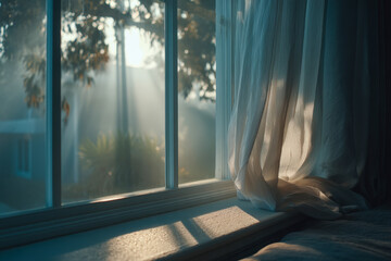 Minimal indoor blank poster frame by window with soft curtain shadows on wall