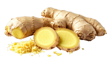 Close-up of fresh ginger root, sliced, with grated ginger