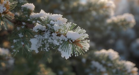 Snowy pine tree branch with frosty needles in winter