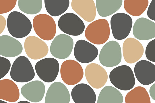 Abstract design with various shapes in different colors creating a pebble pattern on a light background