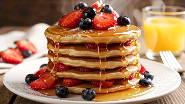 Stack of delicious pancakes with fresh berries and maple syrup.