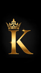 Golden Letter K with Crown on Black Background