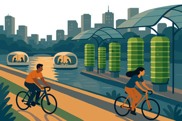 Fototapeta premium People riding bicycles by a river with boats and buildings in the background during the day