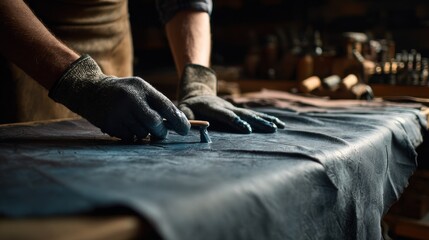 Obraz premium Medium shot of artisan applying bluegray tinted chromium salts on leather highlighting smooth texture and fast chrome tanning process in workshop.