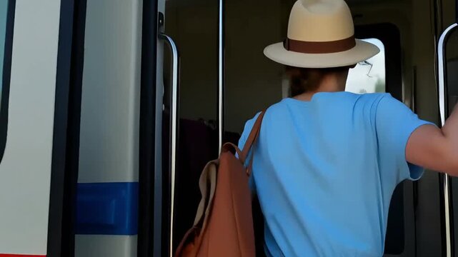 smiling girl in hat entering train carriage at railway station platform