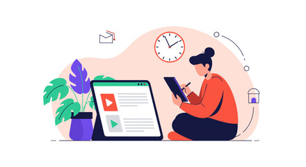 Young woman sitting cross-legged on the floor working or drawing on a digital tablet with a stylus in a modern home office space.