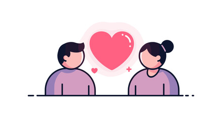 Simple line art illustration of a man and a woman with a large glowing pink heart floating between them to symbolize love.