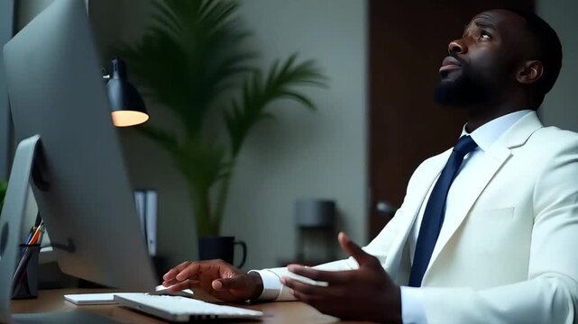 stressed afro businessman in white suit working on computer in office