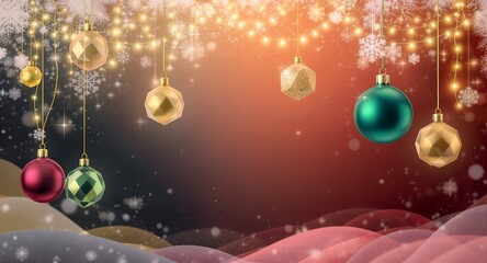 Vibrant Christmas ornaments hanging with fairy lights and snowflakes