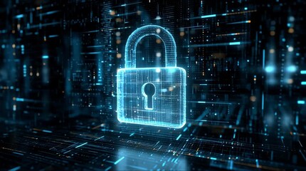 A digital padlock made of glowing blue binary code symbolizes cybersecurity and data protection in a futuristic abstract background. - Powered by Adobe