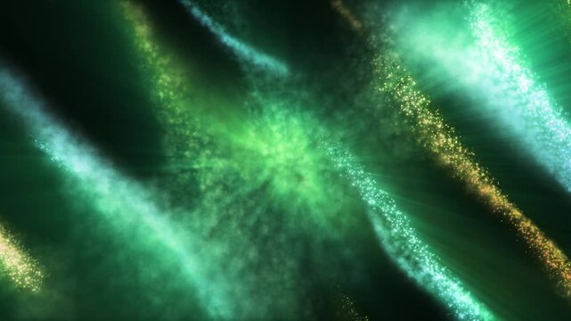 Abstract green energy waves with particles and sawdust with glowing particles and light rays, futuristic motion background symbolizing nature, magic, data flow and life force. Seamless loop 4k
