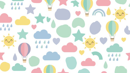 Fototapeta premium Whimsical Illustration of Smiling Clouds and Hot Air Balloons Floating in a White Sky