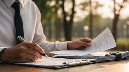 Business professional working outdoors reviewing documents and taking notes at a desk during sunset in a park setting for corporate or professional use