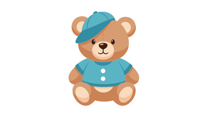 A cartoon teddy bear wearing a blue cap and shirt is sitting upright against a white background © iconyx