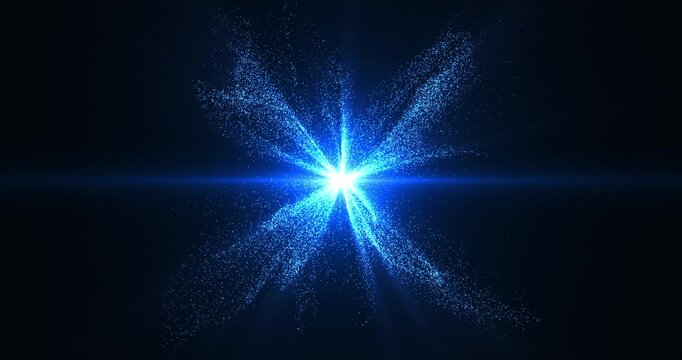 Blue particle starburst with radiant light core and energy rays, abstract cosmic explosion, futuristic space background, seamless motion loop.