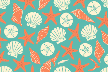 Shells and stars on a blue background with a bright ocean theme in a simple design for summer decorations and crafts activities