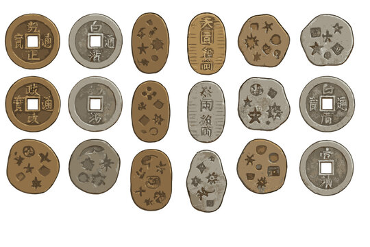 Different types of old coins displayed in a neat arrangement showing various symbols and inscriptions