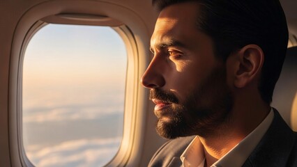 Businessman Looking Out of Airplane Window During Flight with Sunset Light Creating Calm and Reflective Atmosphere for Travel and Aviation Themes