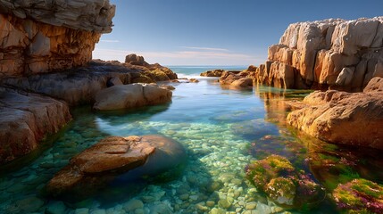 Mountain river flowing between rocky shores with blue water, coastal rocks, and a peaceful natural landscape at sunset