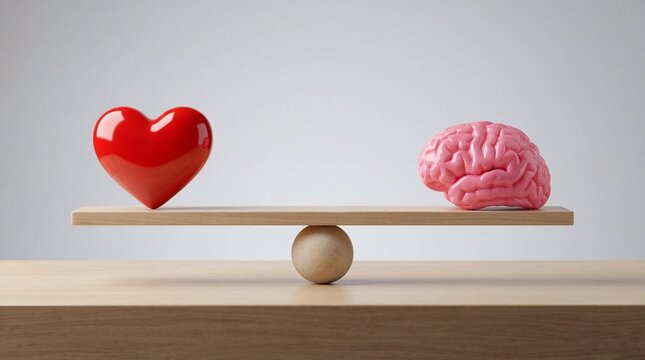 A heart and brain balanced on a scale symbolizing harmony between emotions and intellect in a serene environment