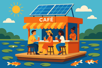 People enjoy drinks at a floating cafe on a sunny day by the water with solar panels on the roof