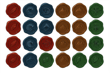 Wax seals with various designs arranged in a grid pattern on a white background for crafting or decoration purposes
