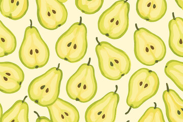 Fresh green pears on light background with a pattern showing sliced fruit and whole fruit arranged neatly