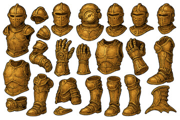 Different parts of armor displayed on a white background for design reference and inspiration in creating characters