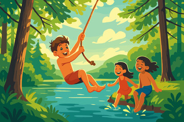 Kids enjoying summer fun with a rope swing over a lake surrounded by trees during a sunny day