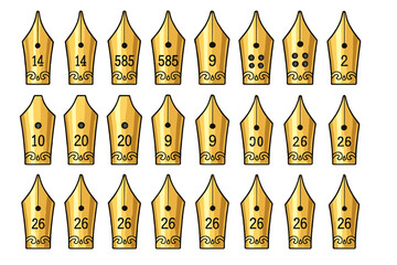 Different types of gold ink nibs arranged in a grid showing numbers and designs for calligraphy and writing