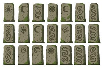 Ancient stone tablets with symbols arranged in rows, found in an archaeological site during the day