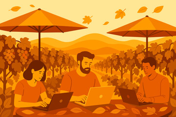 People working on laptops in vineyard with umbrellas under orange sky during autumn season