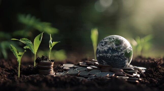 A small globe rests on a pile of coins, surrounded by sprouting plants, symbolizing environmental investment and growth.