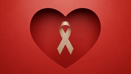 Heart shaped cutout with awareness ribbon inside symbolizing love support and awareness for health causes and charitable campaigns in a vibrant red background